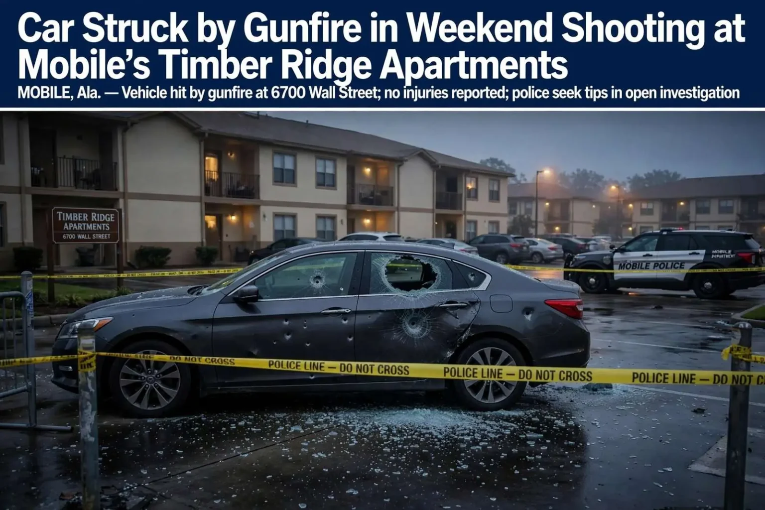 Illustration for the news story: Car Struck by Gunfire in Weekend Shooting at Mobile’s Timber Ridge Apartments