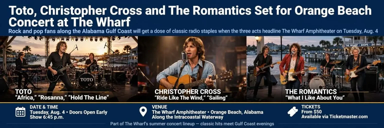 Illustration for the news story: Toto, Christopher Cross and The Romantics Set for Orange Beach Concert at The Wharf