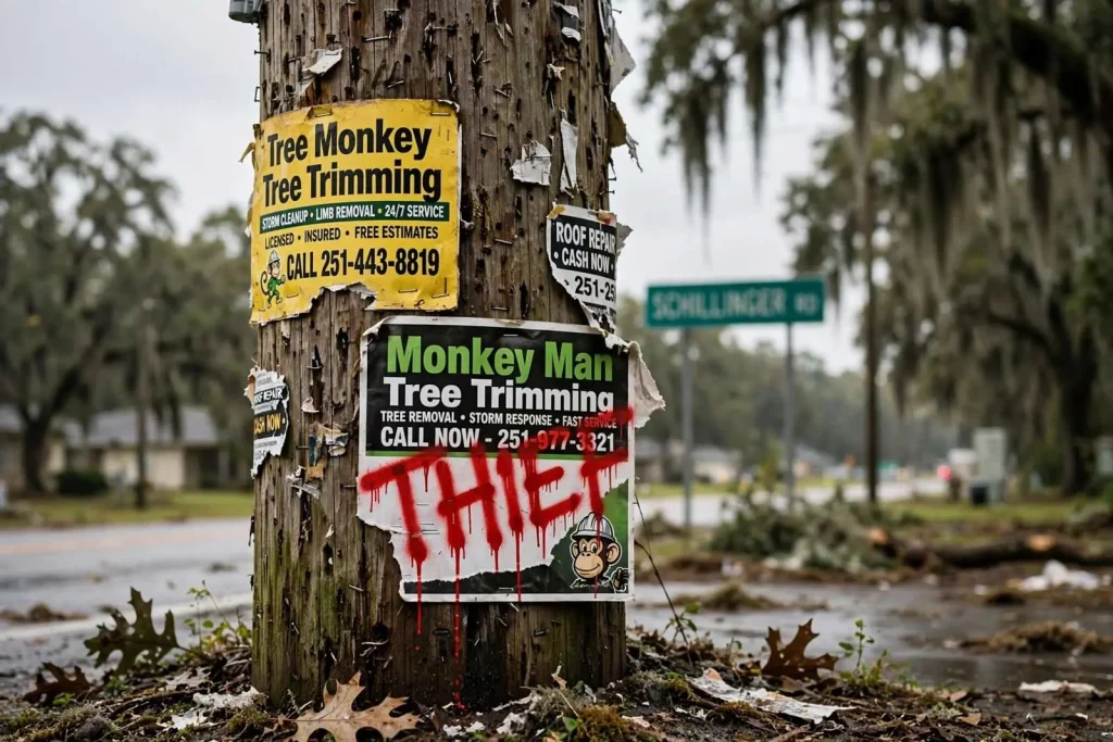 Illustration for the news story: Two Tree Trimming Companies Are Feuding on Mobile County Utility Poles