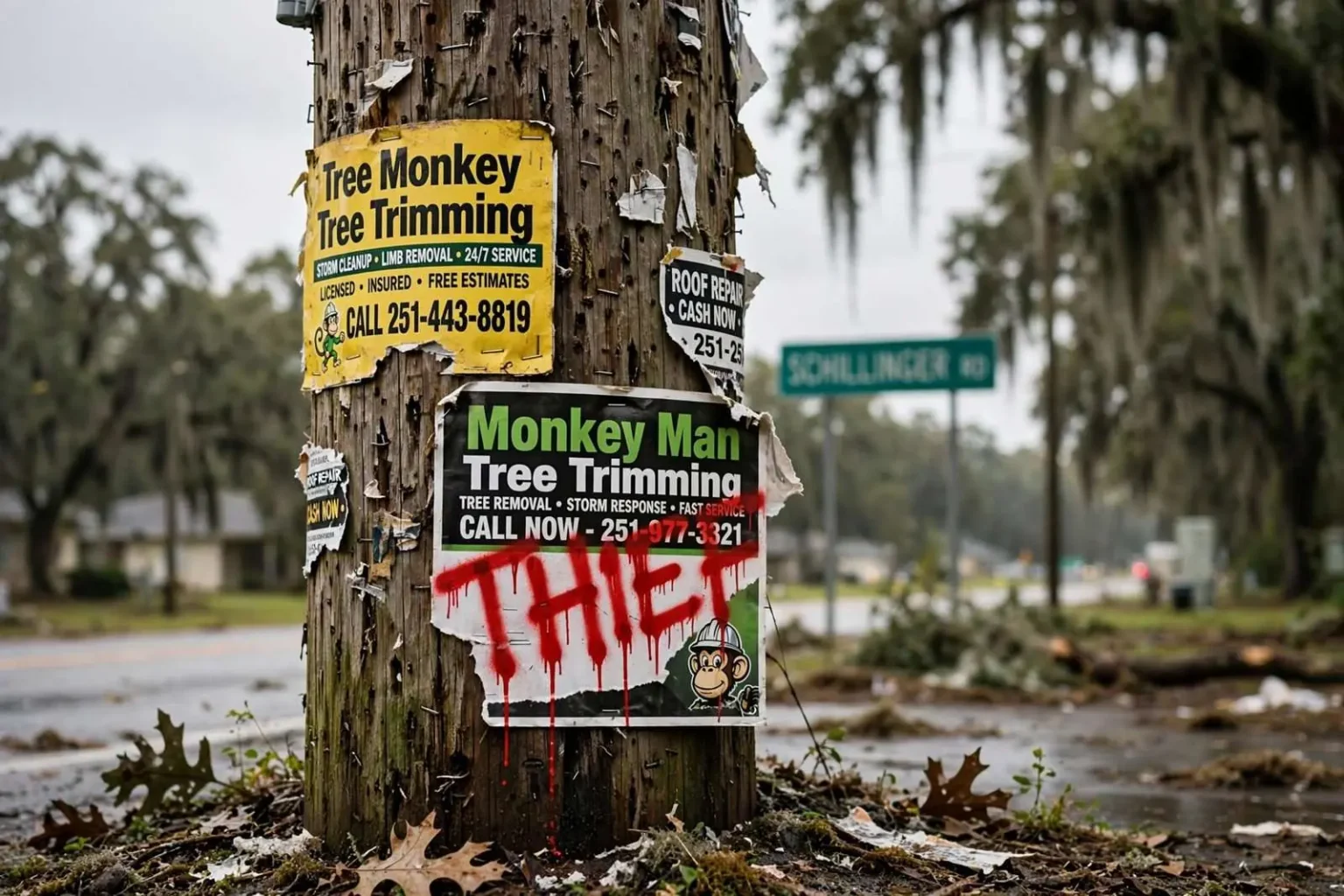 Illustration for the news story: Two Tree Trimming Companies Are Feuding on Mobile County Utility Poles