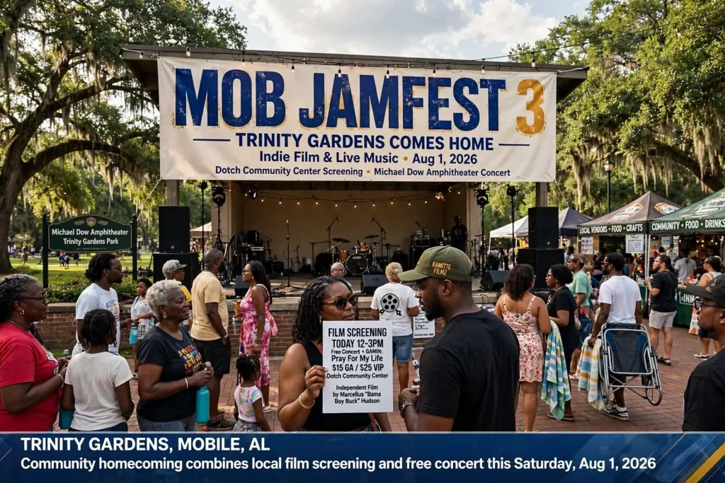 Illustration for the news story: Trinity Gardens Comes Home: MOB JAMFEST 3 Pairs Indie Film with Live Music This Saturday