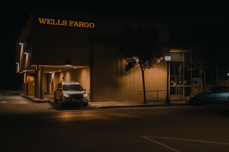 Modern credit union branch building with glass entrance