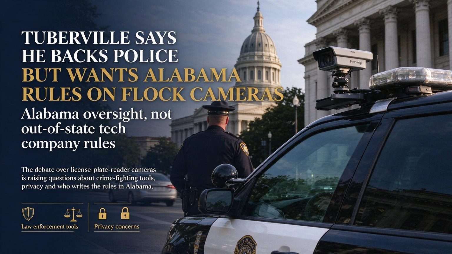 Illustration for the news story: Tuberville Says He Backs Police ‘One Hundred Percent’ but Wants Alabama Rules on Flock Cameras