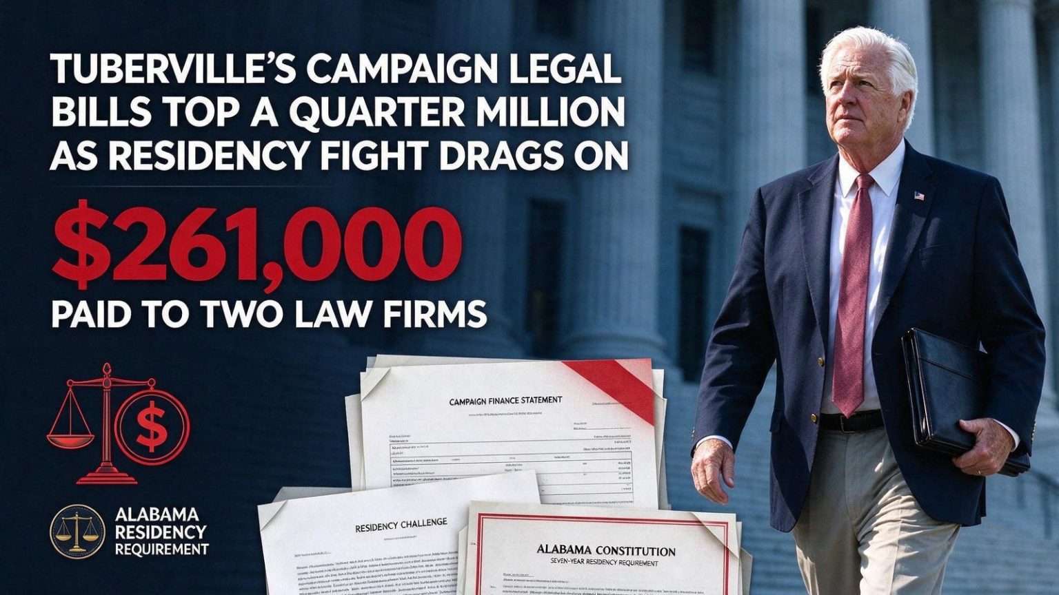 Illustration for the news story: Tuberville’s Campaign Legal Bills Top a Quarter Million as Residency Fight Drags On