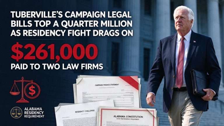 Illustration for the news story: Tuberville’s Campaign Legal Bills Top a Quarter Million as Residency Fight Drags On