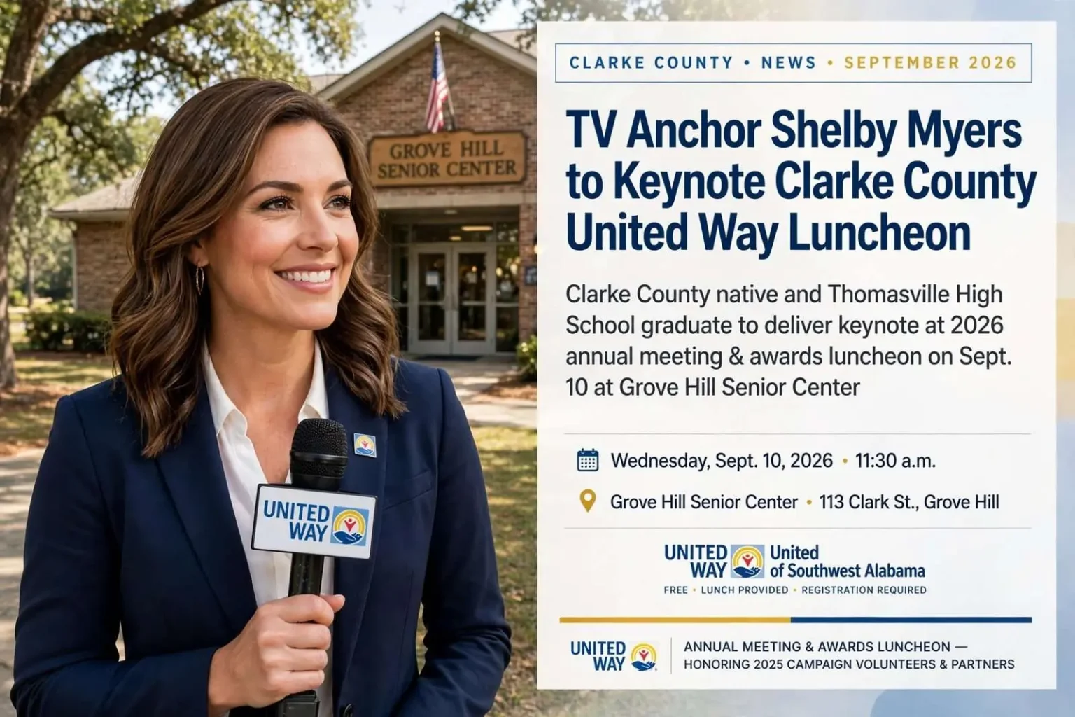 Illustration for the news story: TV Anchor Shelby Myers to Keynote Clarke County United Way Luncheon