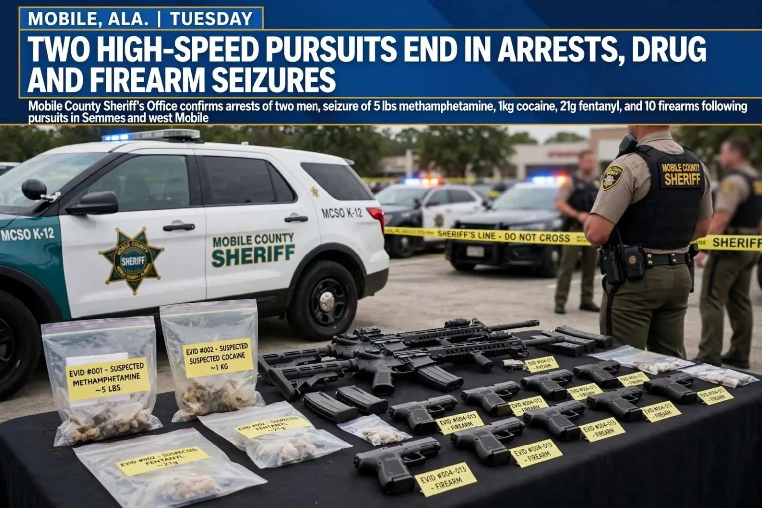 Illustration for the news story: Two Mobile County High-Speed Pursuits End in Arrests, Drug and Firearm Seizures