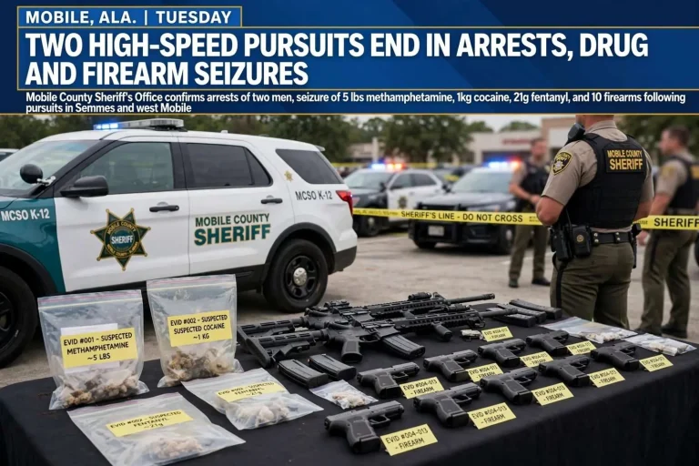 Illustration for the news story: Two Mobile County High-Speed Pursuits End in Arrests, Drug and Firearm Seizures