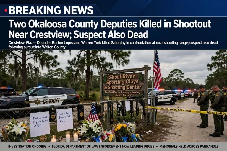 Illustration for the news story: Two Okaloosa County Deputies Killed in Shootout Near Crestview; Suspect Also Dead