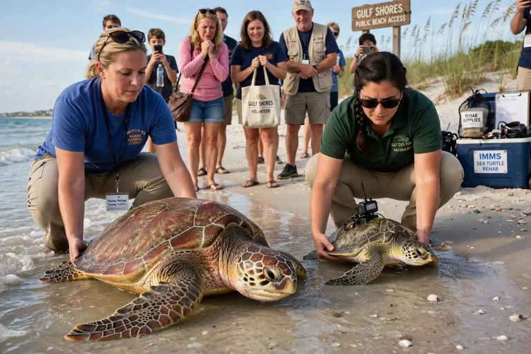 Illustration for the news story: Two Sea Turtles Injured by Fishing Gear Released Back Into the Gulf at Gulf Shores