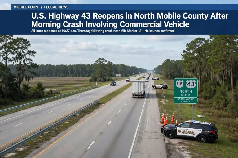 Illustration for the news story: U.S. Highway 43 Reopens in North Mobile County After Morning Crash Involving Commercial Vehicle
