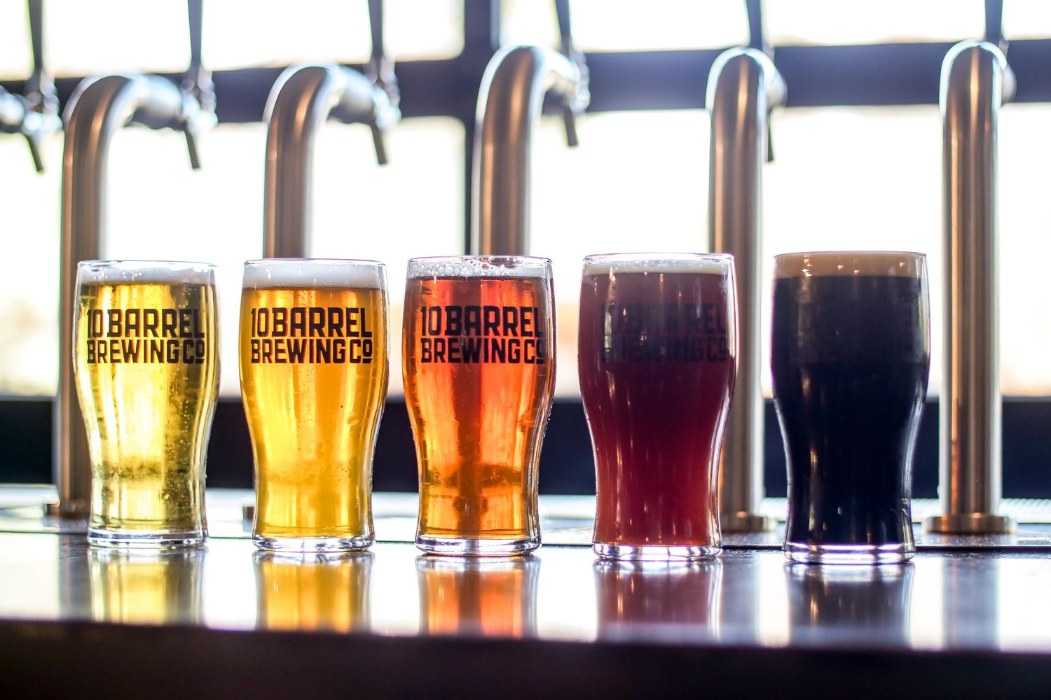 Glasses of craft beer on a bar in a brewery taproom