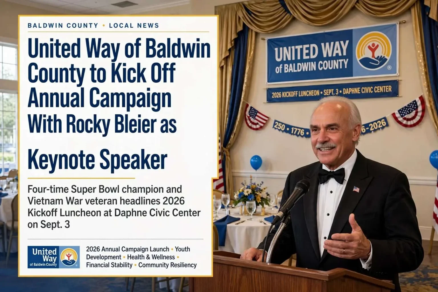 Illustration for the news story: United Way of Baldwin County to Kick Off Annual Campaign With Rocky Bleier as Keynote Speaker