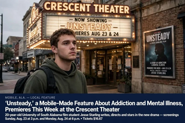 Illustration for the news story: ‘Unsteady,’ a Mobile-Made Feature About Addiction and Mental Illness, Premieres This Week at the Crescent Theater
