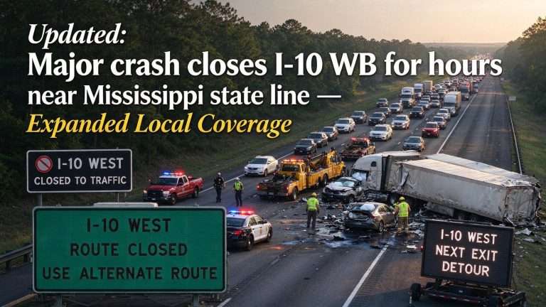 Illustration for the news story: Updated: Major crash closes I-10 WB for hours near Mississippi state line — Expanded Local Coverage