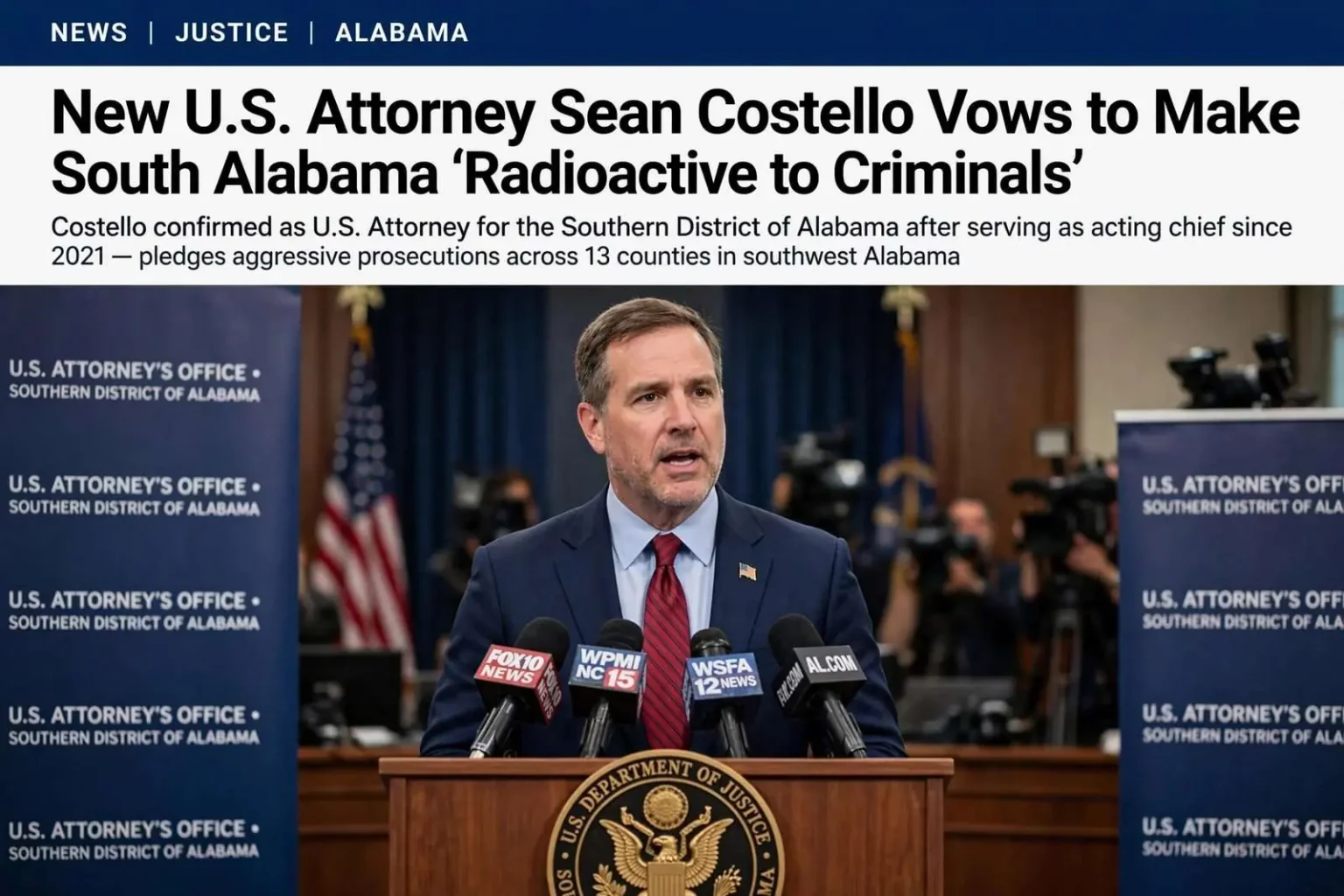 Illustration for the news story: New U.S. Attorney Sean Costello Vows to Make South Alabama ‘Radioactive to Criminals’