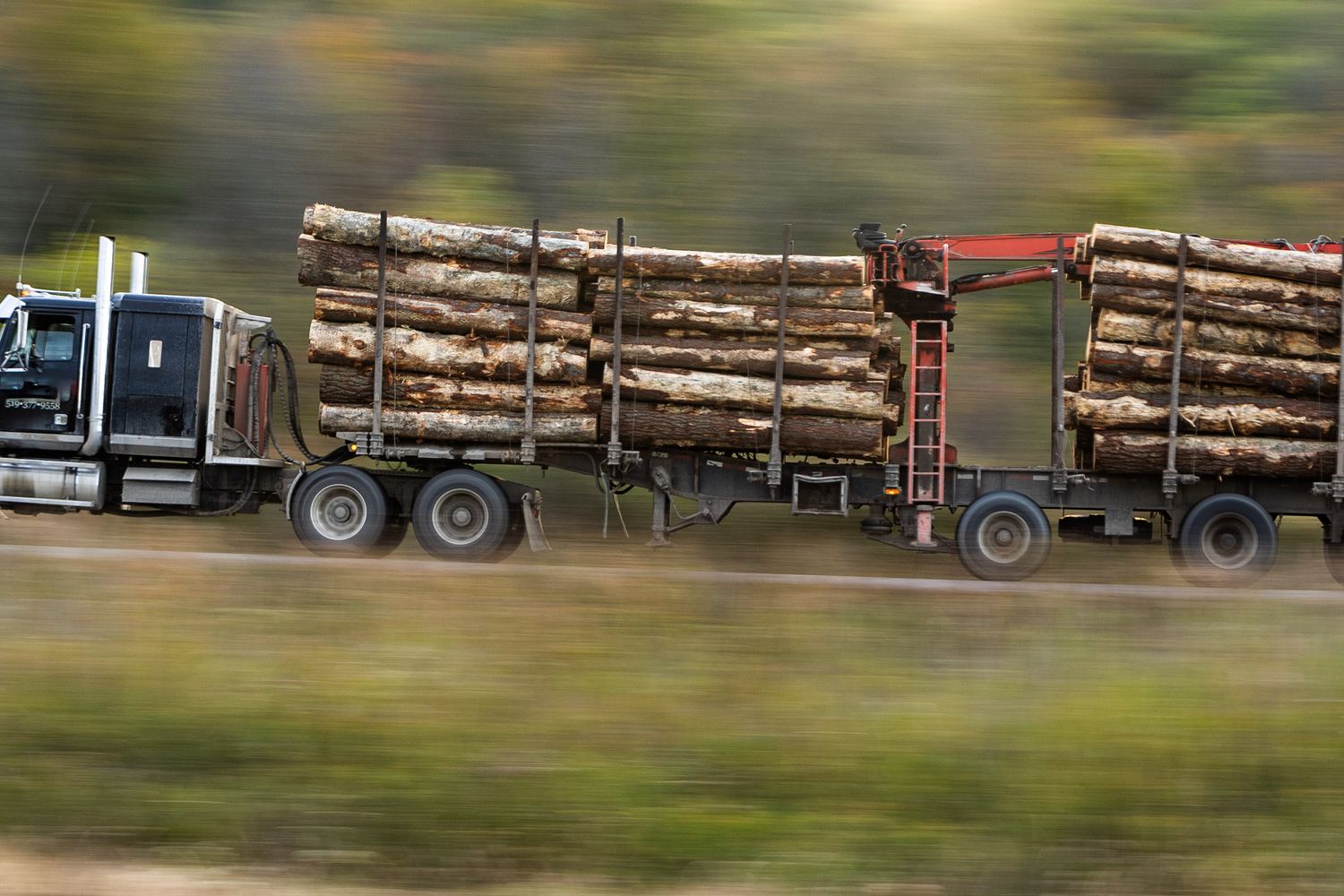 A logging truck traveling a two-lane rural highway in south Alabama