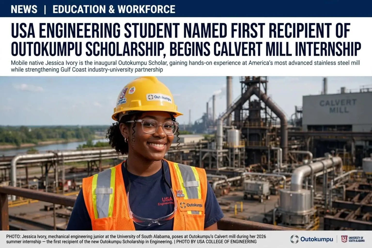 Illustration for the news story: USA Engineering Student Named First Recipient of Outokumpu Scholarship, Begins Calvert Mill Internship