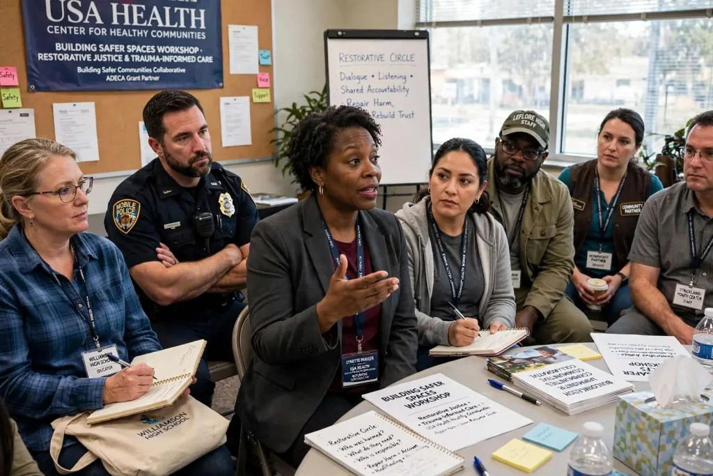 Illustration for the news story: USA Health Program Trains Mobile Educators, Police on Restorative Justice