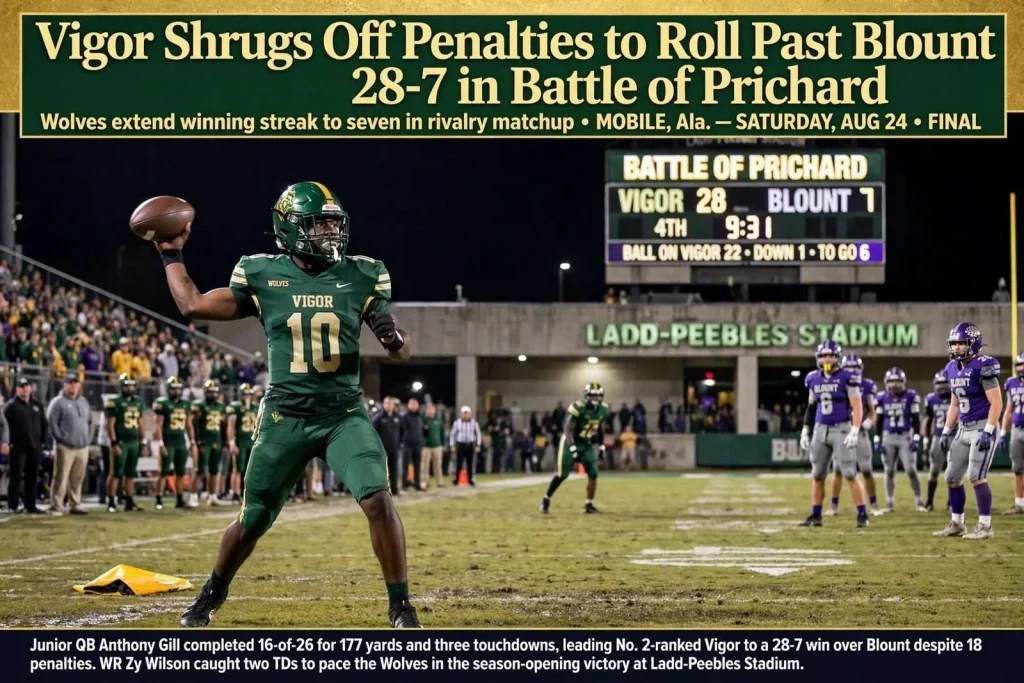 Illustration for the news story: Vigor Shrugs Off Penalties to Roll Past Blount 28-7 in Battle of Prichard