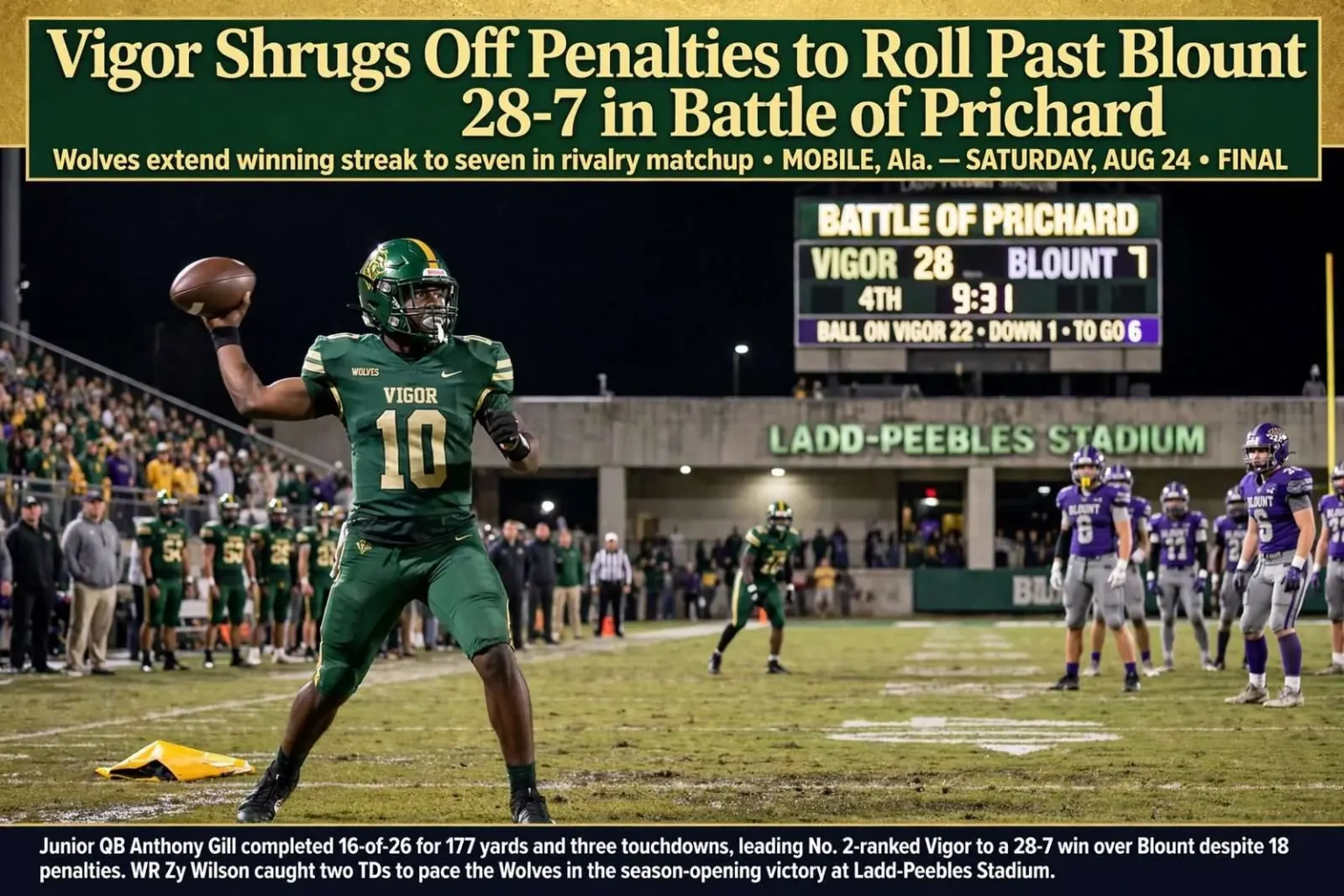 Illustration for the news story: Vigor Shrugs Off Penalties to Roll Past Blount 28-7 in Battle of Prichard