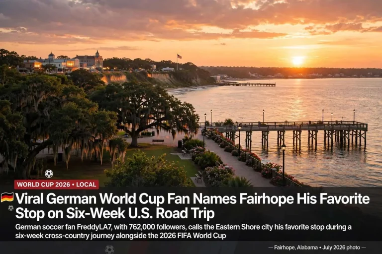 Illustration for the news story: Viral German World Cup Fan Names Fairhope His Favorite Stop on Six-Week U.S. Road Trip