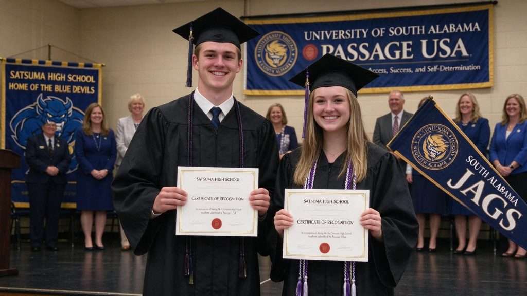 Illustration for the news story: Viral Satsuma Grad Heads to College as USA Program Grows for Special-Needs Students