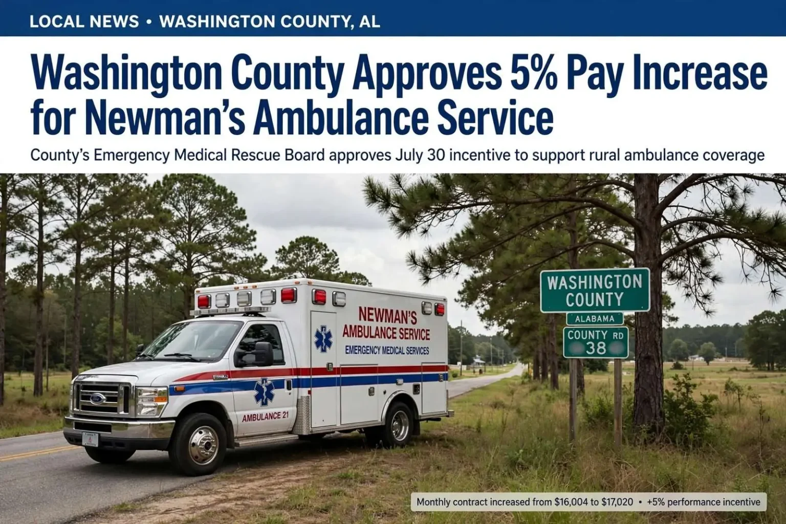 Illustration for the news story: Washington County Approves 5% Pay Increase for Newman’s Ambulance Service