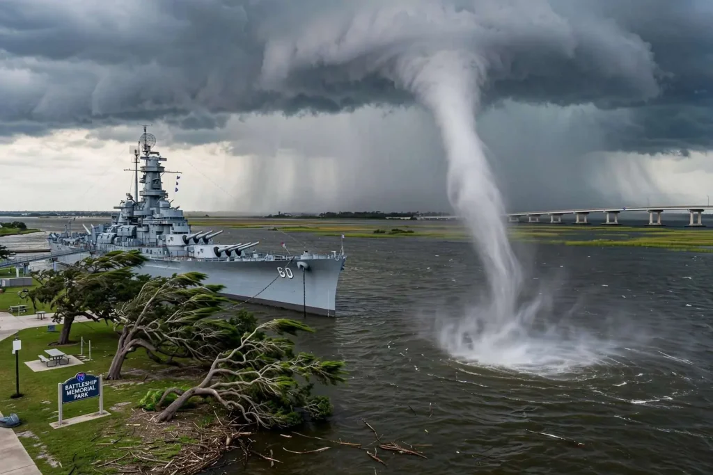 Illustration for the news story: Waterspout Spins Up Over Mobile River Near Battleship Park as Storms Roll Through Gulf Coast