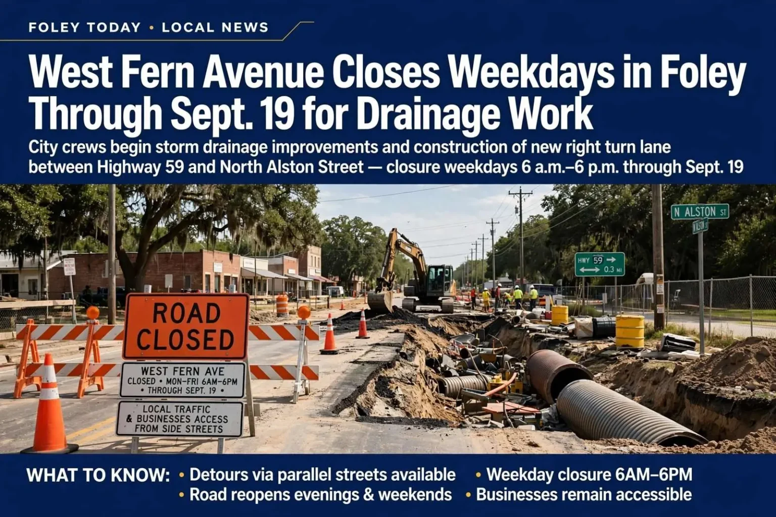 Illustration for the news story: West Fern Avenue Closes Weekdays in Foley Through Sept. 19 for Drainage Work