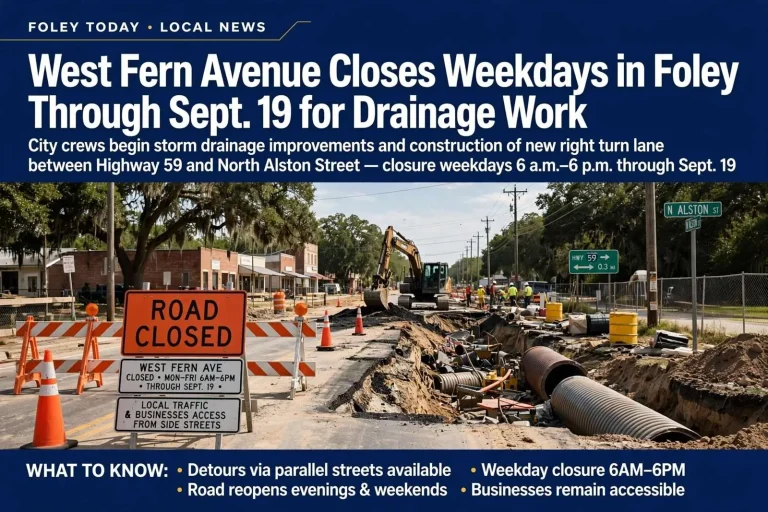 Illustration for the news story: West Fern Avenue Closes Weekdays in Foley Through Sept. 19 for Drainage Work