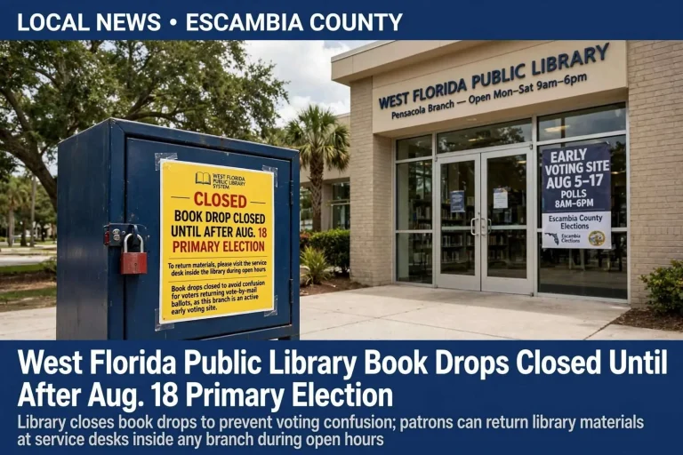 Illustration for the news story: West Florida Public Library Book Drops Closed Until After Aug. 18 Primary Election