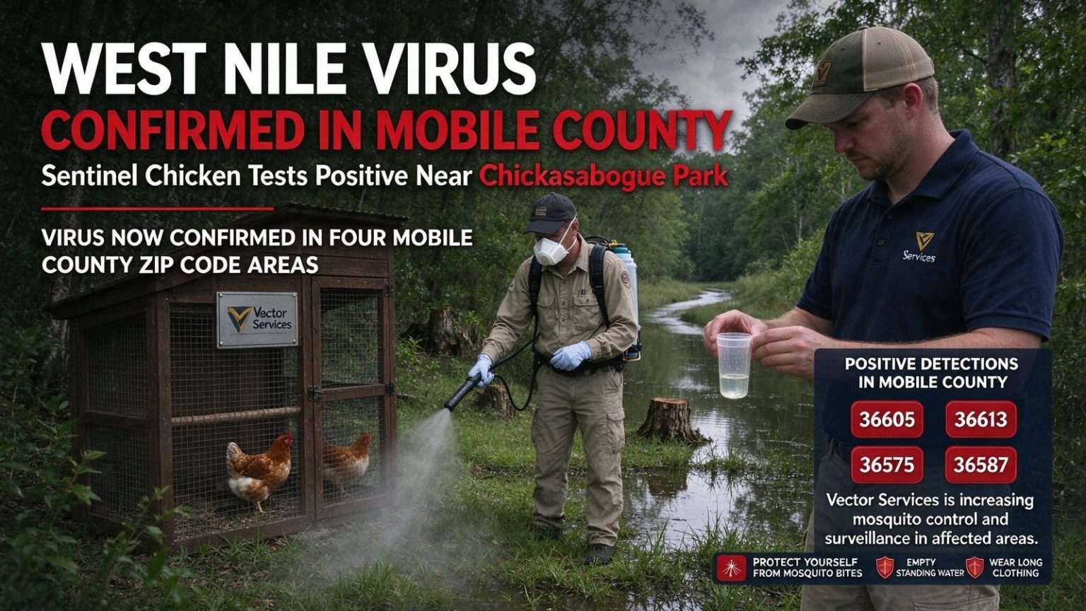 Illustration for the news story: West Nile Virus Confirmed in Mobile County: Sentinel Chicken Tests Positive Near Chickasabogue Park