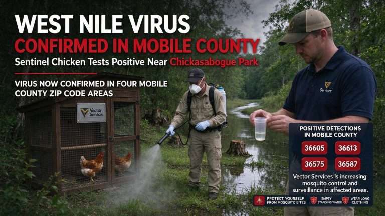 Illustration for the news story: West Nile Virus Confirmed in Mobile County: Sentinel Chicken Tests Positive Near Chickasabogue Park