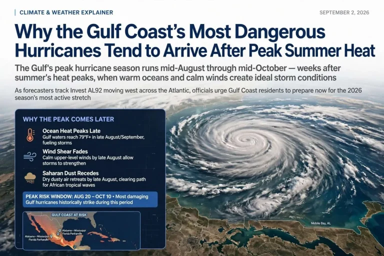 Illustration for the news story: Why the Gulf Coast’s Most Dangerous Hurricanes Tend to Arrive After Peak Summer Heat