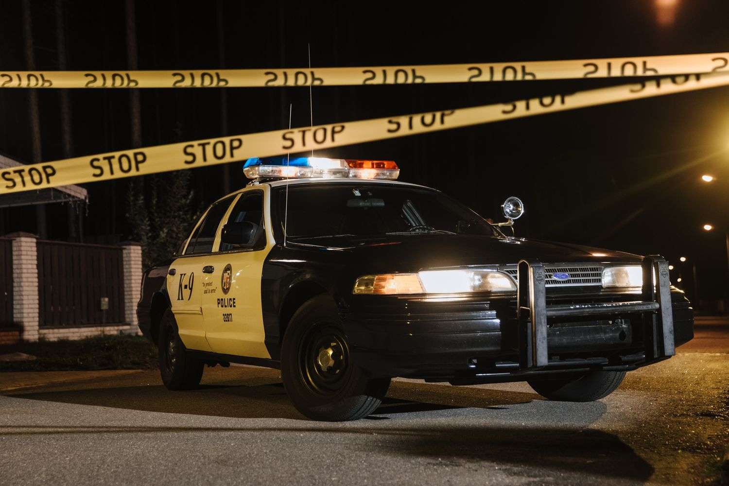 Police cruisers with lights on a dark residential road
