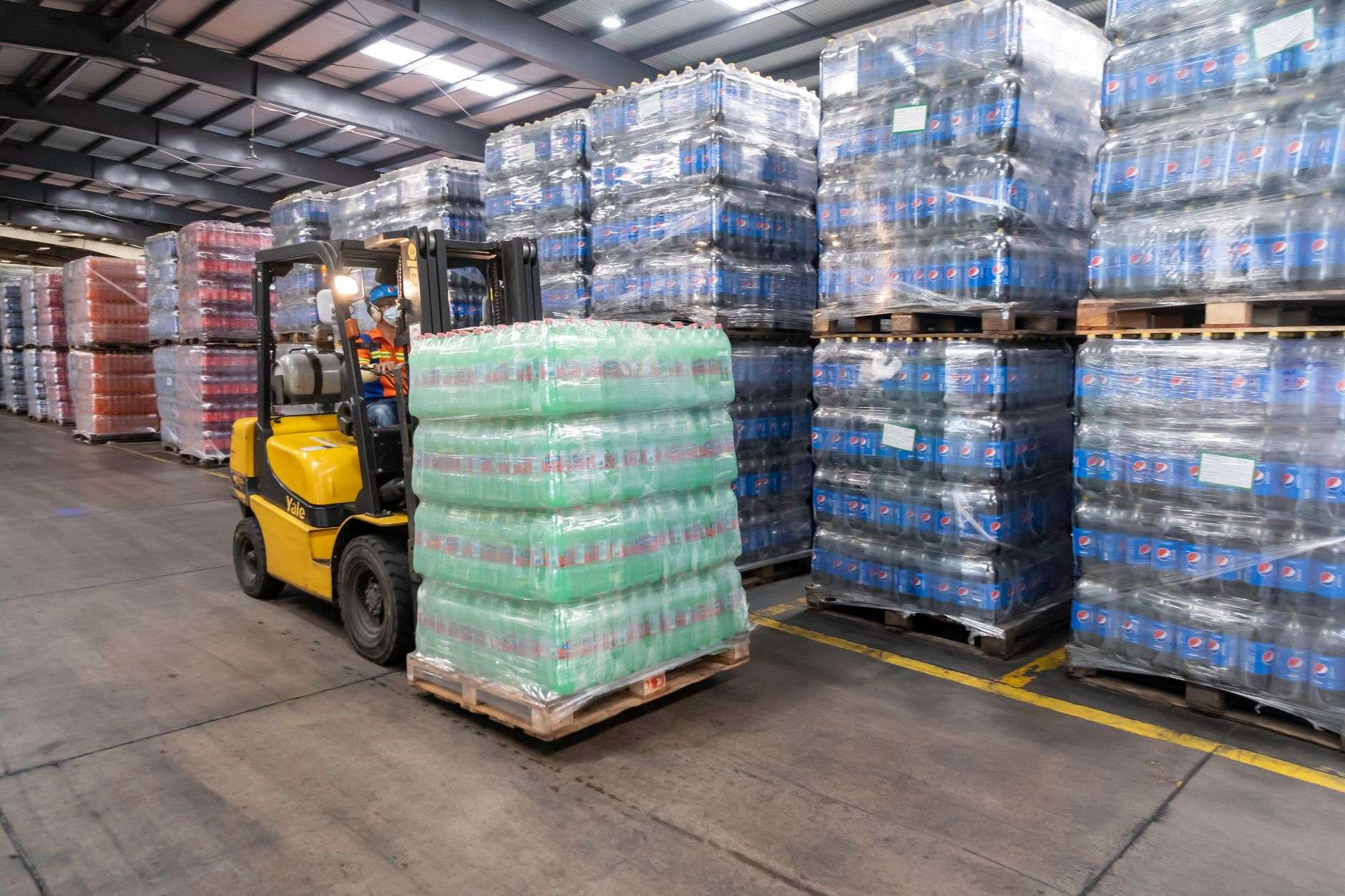 Warehouse setting representing beverage distribution and logistics operations