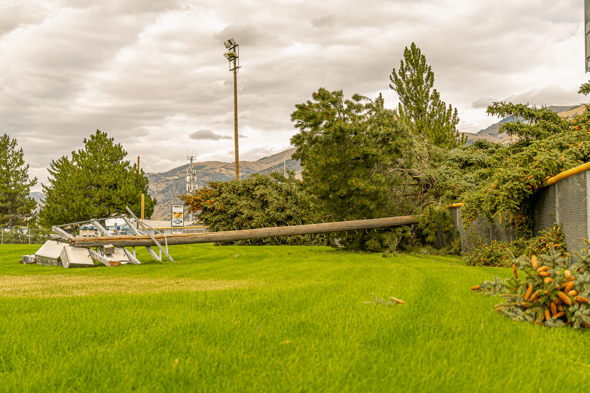 Utility power lines and equipment damaged after a severe thunderstorm