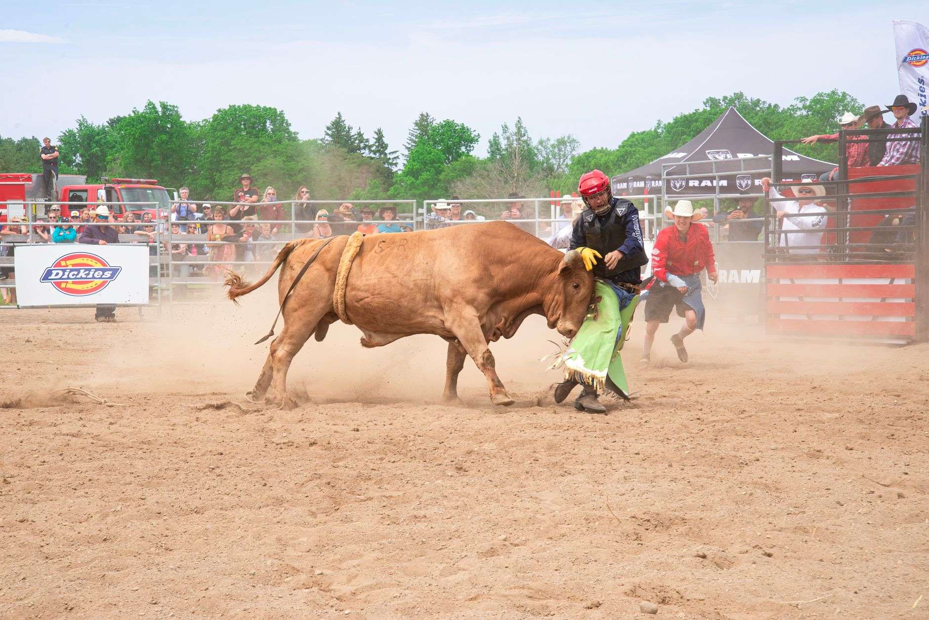Cowboy competing in bull riding event at an outdoor rodeo arena