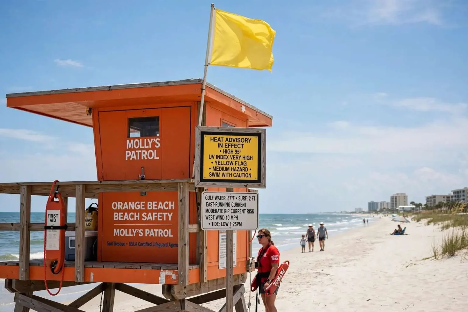 Illustration for the news story: Yellow Flags, Heat Advisory Mark Tuesday’s Beach Conditions in Orange Beach