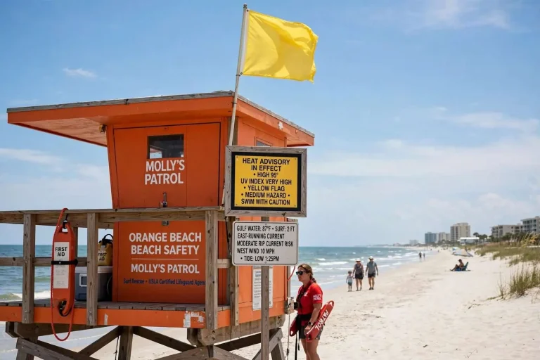 Illustration for the news story: Yellow Flags, Heat Advisory Mark Tuesday’s Beach Conditions in Orange Beach