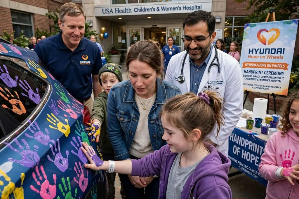 Illustration for the news story: Young Cancer Patients Leave Handprints of Hope as USA Health Marks $100,000 Grant