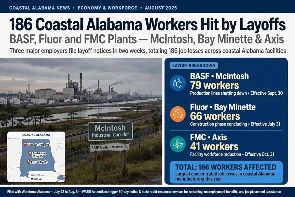 Illustration for the news story: 186 Coastal Alabama Workers Hit by Layoffs at BASF, Fluor and FMC Plants
