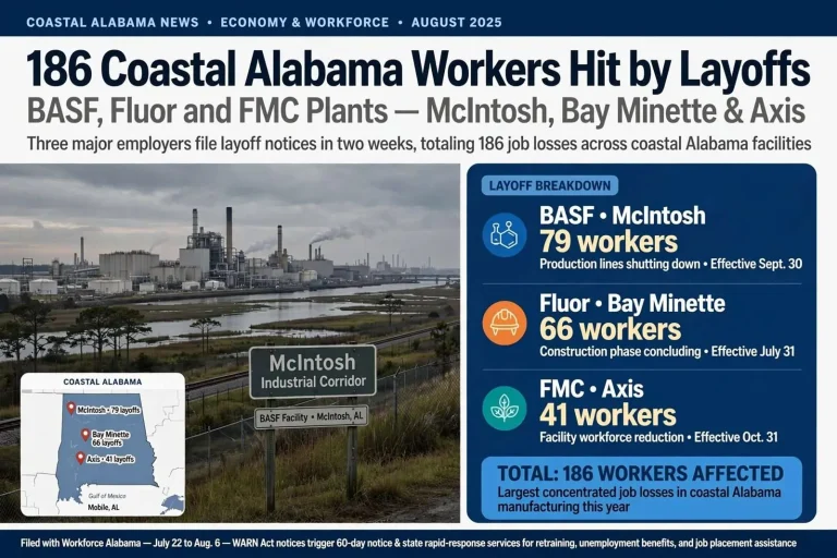 Illustration for the news story: 186 Coastal Alabama Workers Hit by Layoffs at BASF, Fluor and FMC Plants