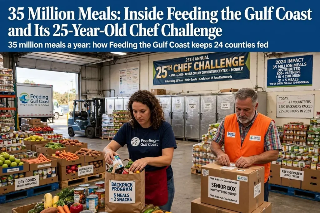 Illustration for the news story: 35 Million Meals: Inside Feeding the Gulf Coast and Its 25-Year-Old Chef Challenge