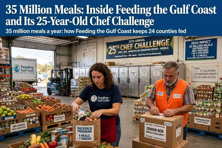 Illustration for the news story: 35 Million Meals: Inside Feeding the Gulf Coast and Its 25-Year-Old Chef Challenge