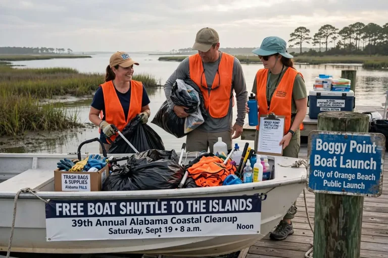 Illustration for the news story: Free Boat Shuttles to the Islands: Where to Show Up for Saturday’s 39th Alabama Coastal Cleanup