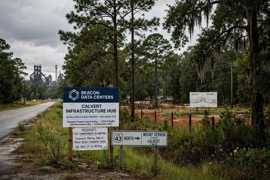 Illustration for the news story: $6 Billion AI Data Center Planned for Calvert — and Residents Want It in Writing