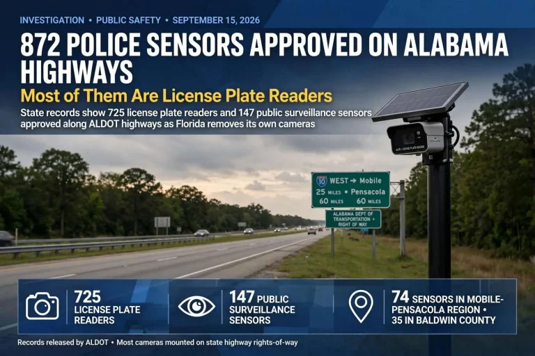 Illustration for the news story: 872 Police Sensors Approved on Alabama Highways, Most of Them License Plate Readers