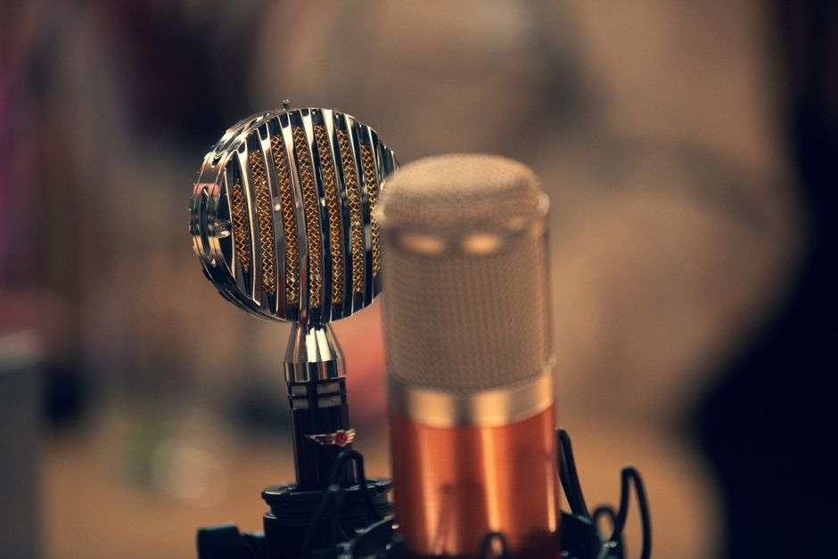 A classic microphone in a radio broadcast studio
